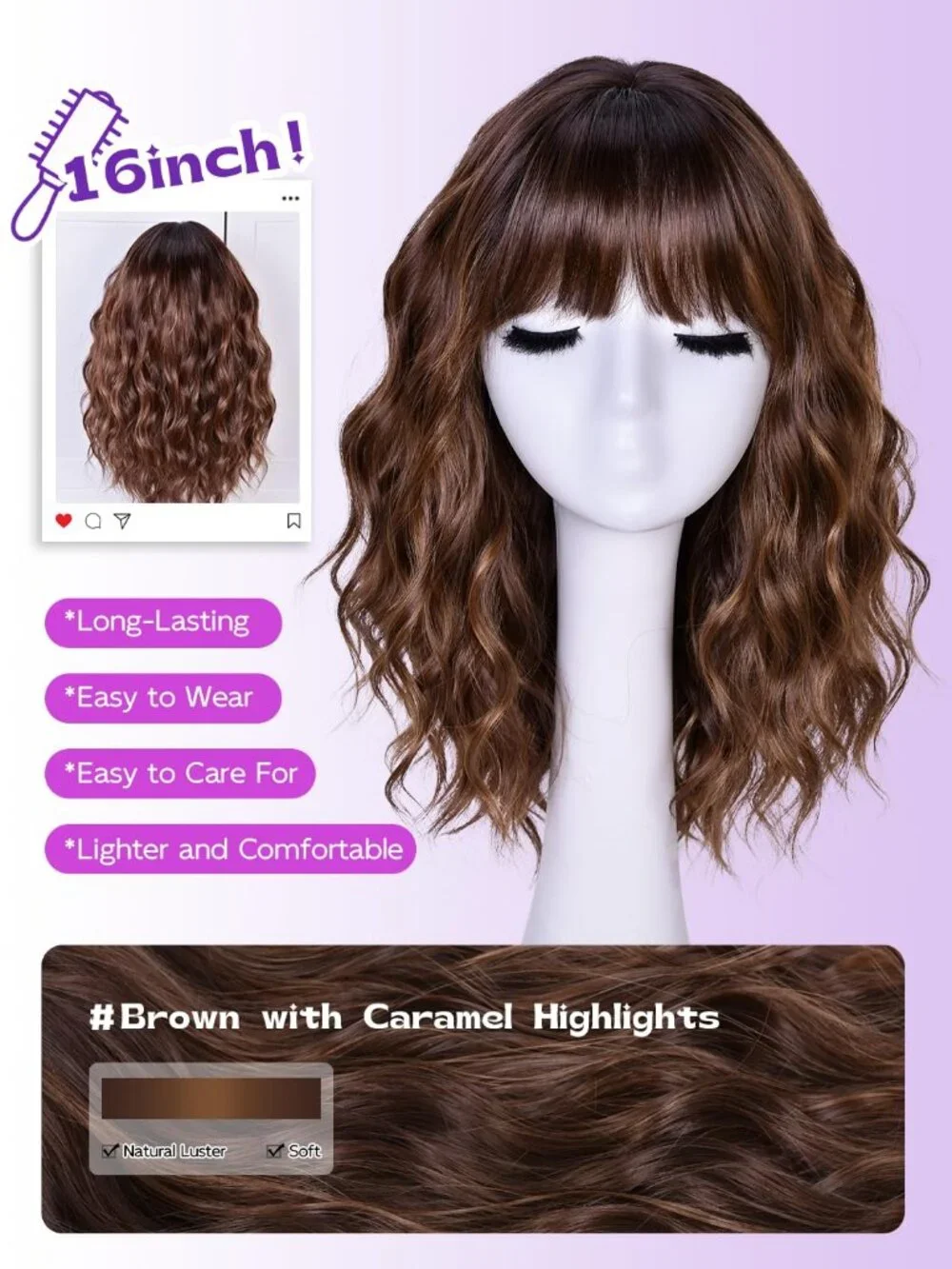 Women's Brown Caramel 14 Inch Natural Synthetic Short Curly Wavy Fiber Wigs
